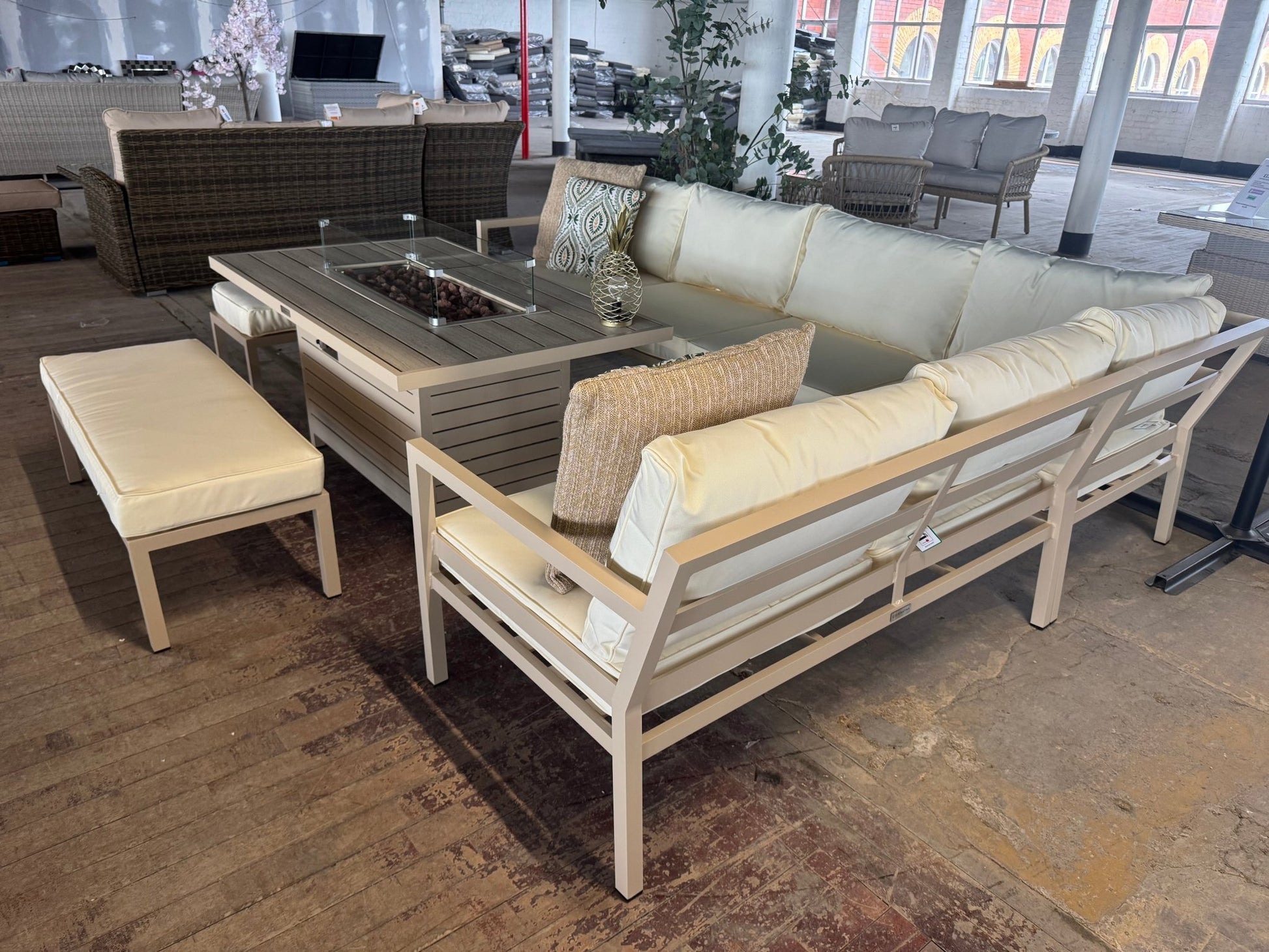 Miami Beige Aluminium Corner Sofa Set with Fire Pit Table - The Outlet Home