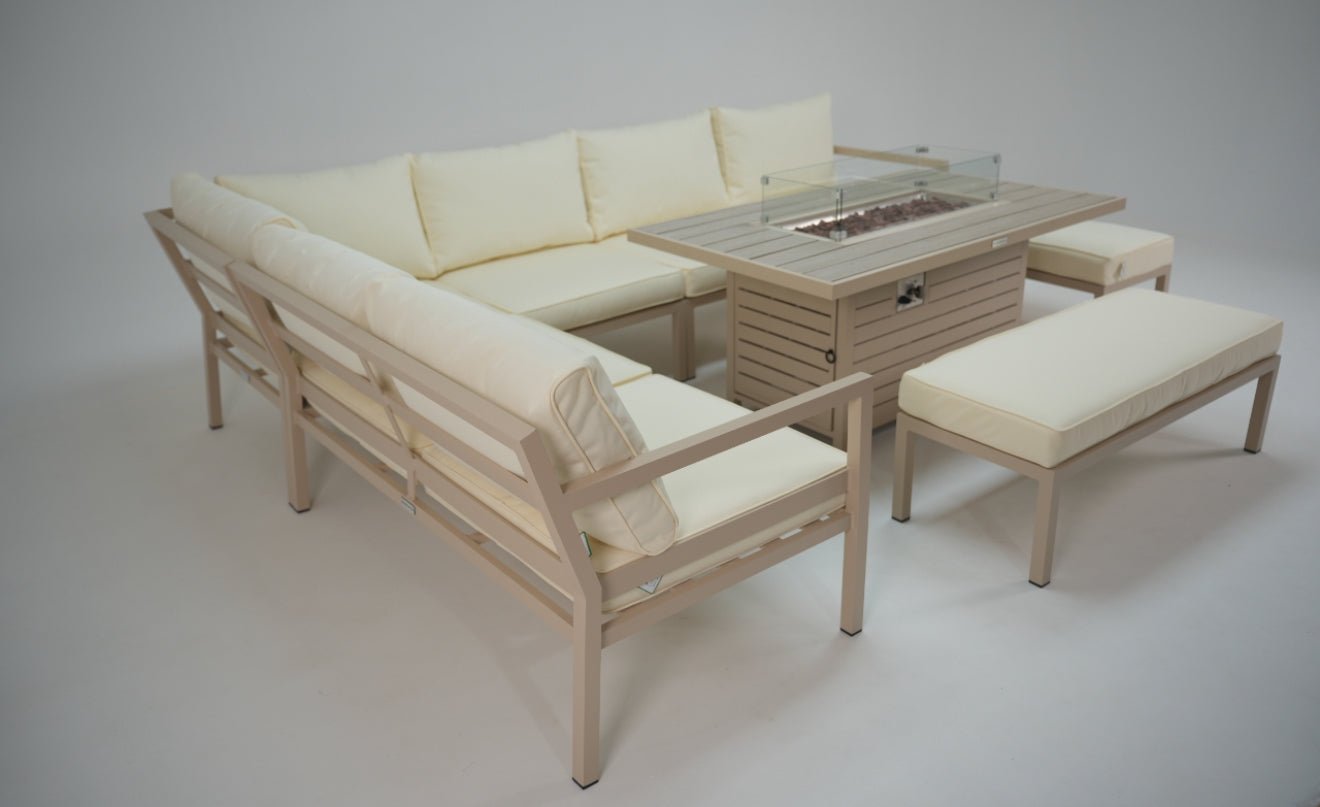 Miami Beige Aluminium Corner Sofa Set with Fire Pit Table (Pre - order due end of July) - The Outlet Home