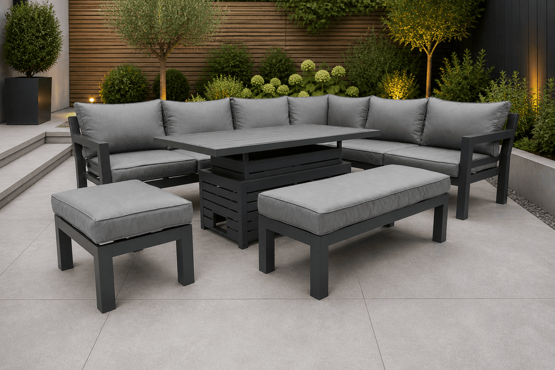Miami Grey Aluminium Corner Sofa Set with Rise & Fall Dining Table - Pre Order End of May - The Outlet Home