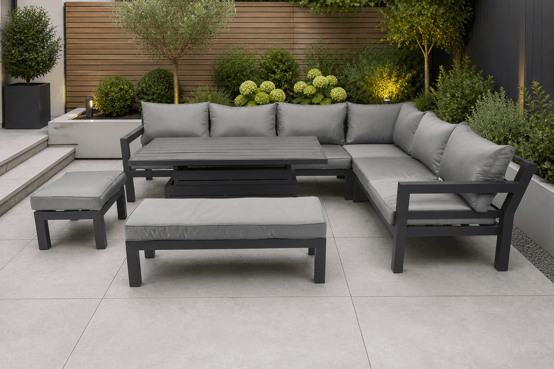 Miami Grey Aluminium Corner Sofa Set with Rise & Fall Dining Table - Pre Order End of May - The Outlet Home