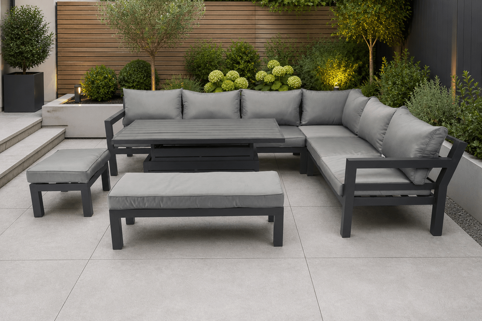 Miami Grey Aluminium Corner Sofa Set with Rise & Fall Dining Table - Pre Order End of May - The Outlet Home