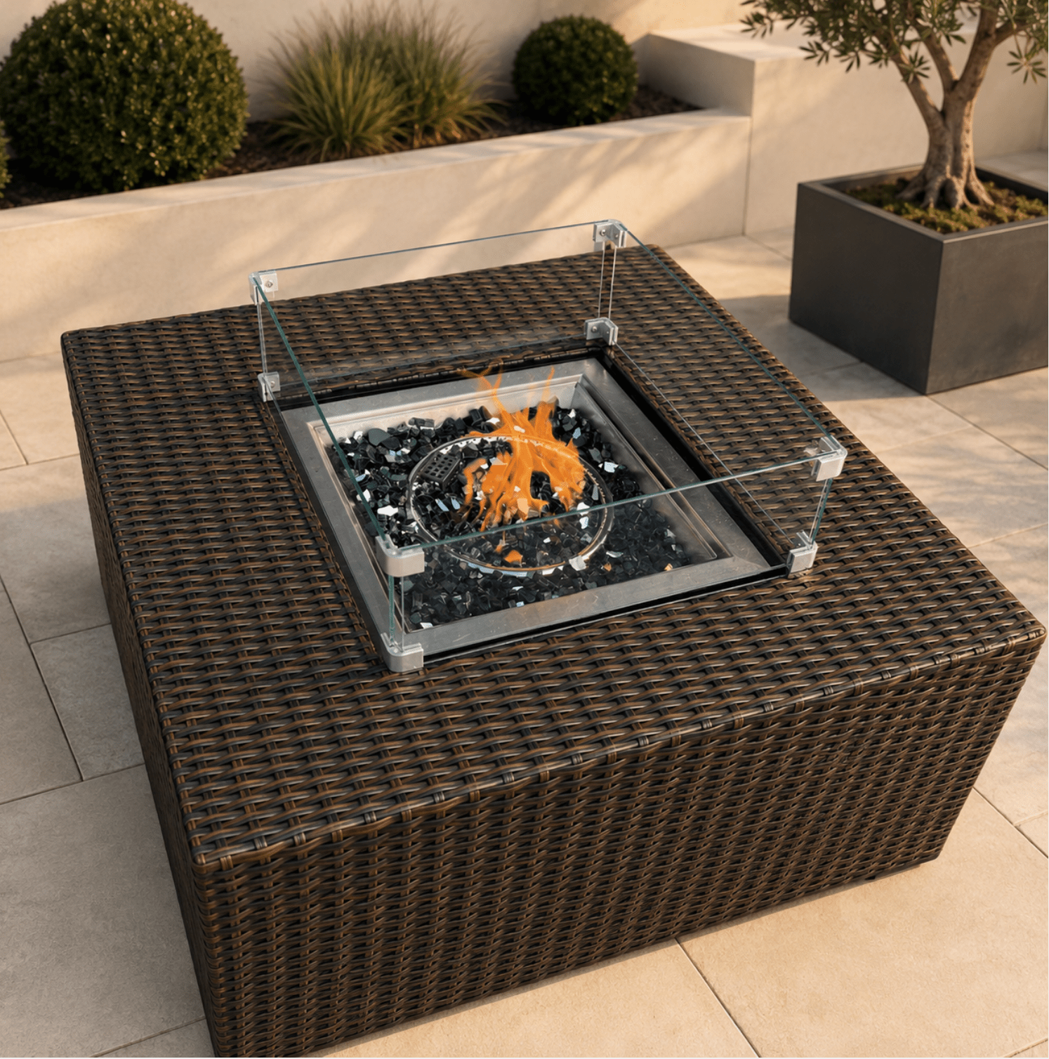NAPLES COFFEE FIRE-PIT TABLE – BROWN &amp; BLACK RATTAN - The Outlet Home