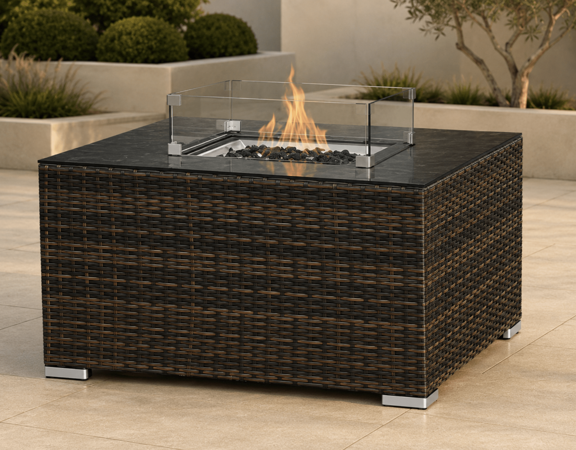 NAPLES COFFEE FIRE-PIT TABLE – BROWN &amp; BLACK RATTAN - The Outlet Home