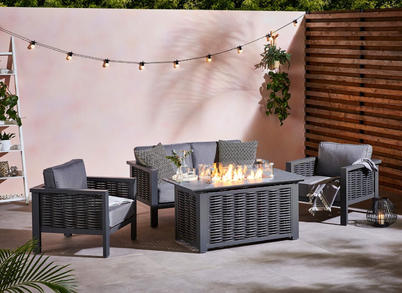 Oslo Aluminium Sofa Set with Fire Pit Table Sofa Firepit Grey - The Outlet Home
