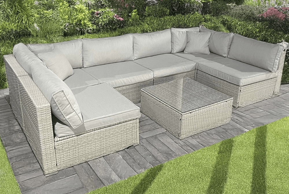 Palma Rattan U Shaped Grey Sofa + Glass Coffee Table - The Outlet Home
