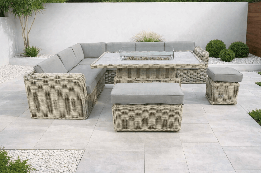 Santa Monica Luxury Edition with Rise & Fall Fire Pit Table (Left Hand Facing) - Pre - order due mid May - Order by 7th April for Free Parasol & Weather Cover - The Outlet Home