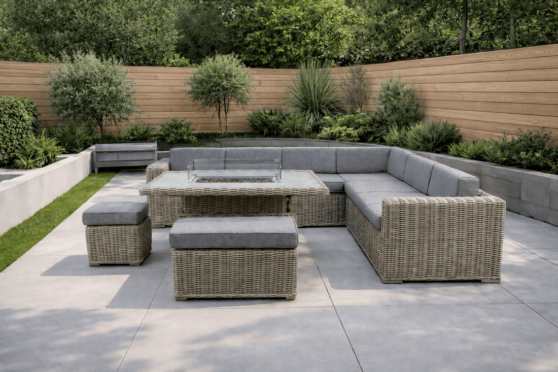 Santa Monica Luxury Edition with Rise & Fall Fire Pit Table - RE - ORDER DUE MARCH 2026 - NEW SEASON BUNDLE BUSTER - INCLUDES FREE PARASOL WITH WEIGHTS AND FREE COVER! - The Outlet Home