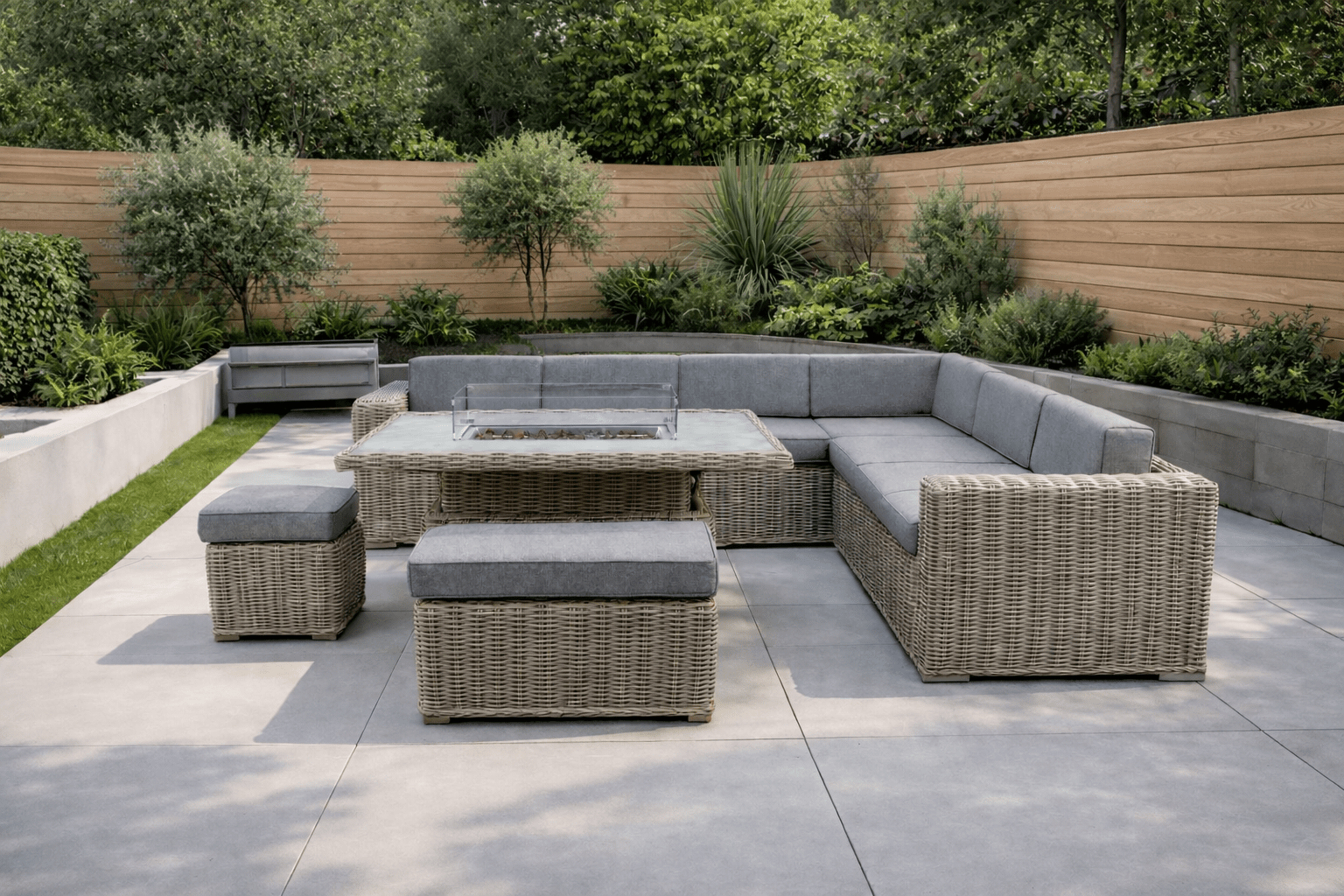 Santa Monica Luxury Edition with Rise & Fall Fire Pit Table - RE - ORDER DUE MARCH 2026 - NEW SEASON BUNDLE BUSTER - INCLUDES FREE PARASOL WITH WEIGHTS AND FREE COVER! - The Outlet Home