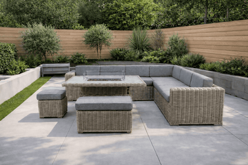 Santa Monica Luxury Edition with Rise & Fall Fire Pit Table - RE - ORDER DUE MARCH 2026 - NEW SEASON BUNDLE BUSTER - INCLUDES FREE PARASOL WITH WEIGHTS AND FREE COVER! - The Outlet Home