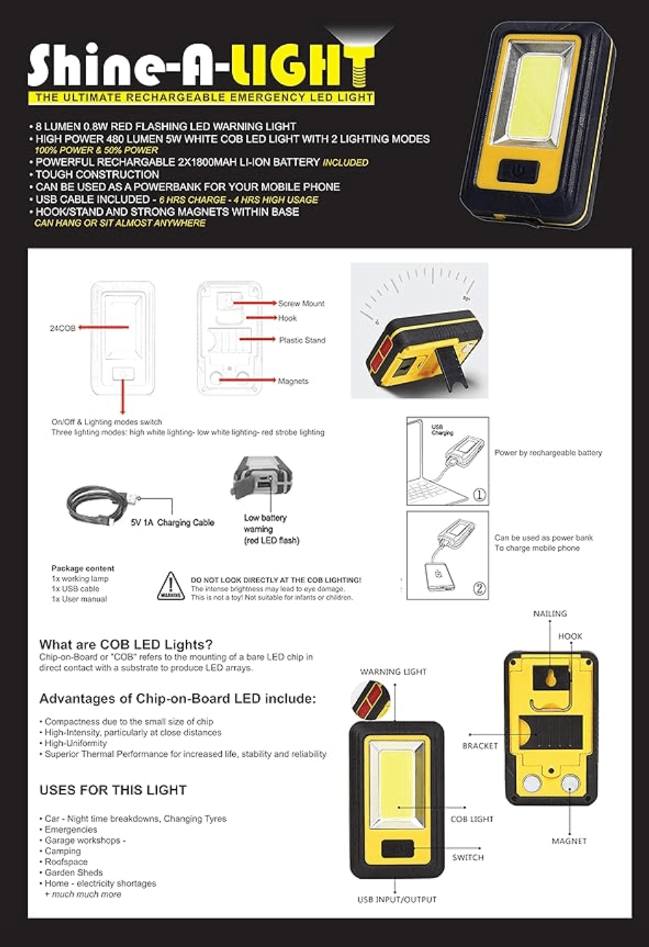 Shine - A - Light Outdoor Camping Garden Festival Workman LED Torch Handheld Portable Powerbank 480W Lumen Magnetic Rechargeable Li - Ion Battery USB Cable Included - The Outlet Home