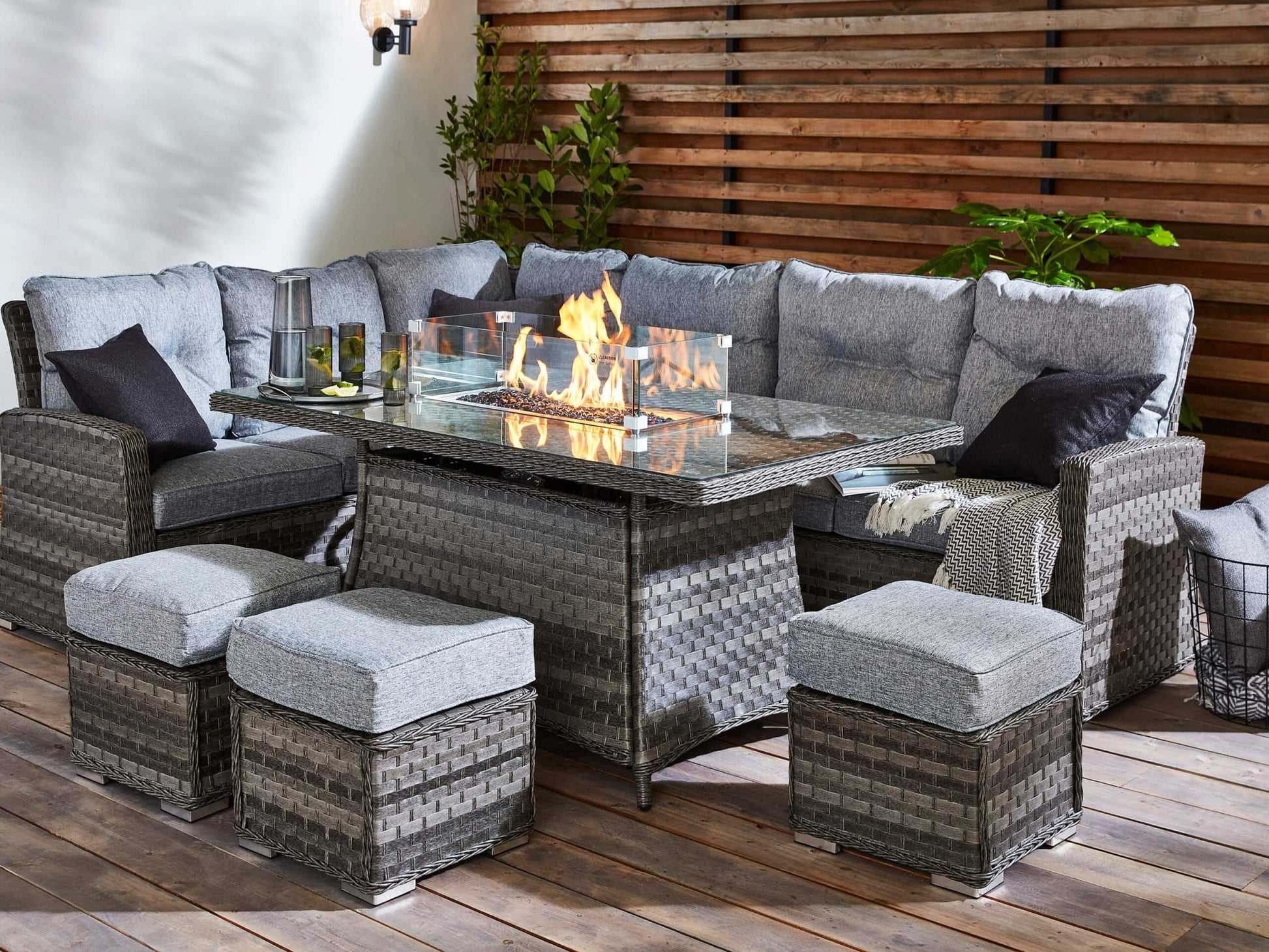 St Tropez Grande Rattan Corner Sofa Set with Fire Pit Table - The Outlet Home
