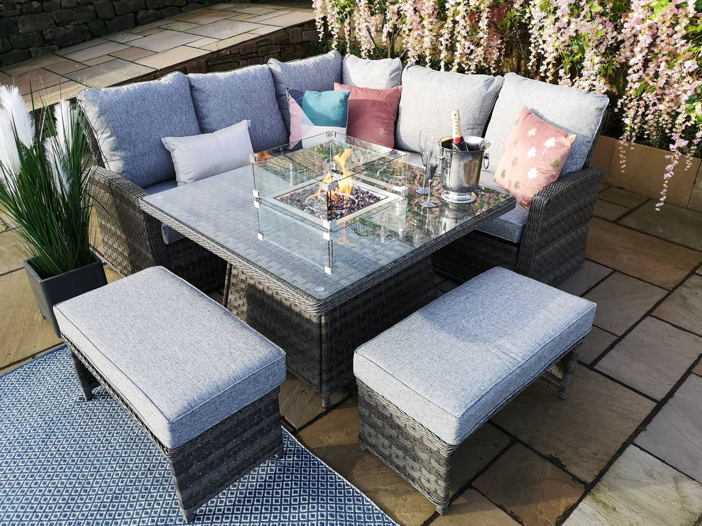 St Tropez Rattan Corner Sofa Set with Fire Pit Table - The Outlet Home