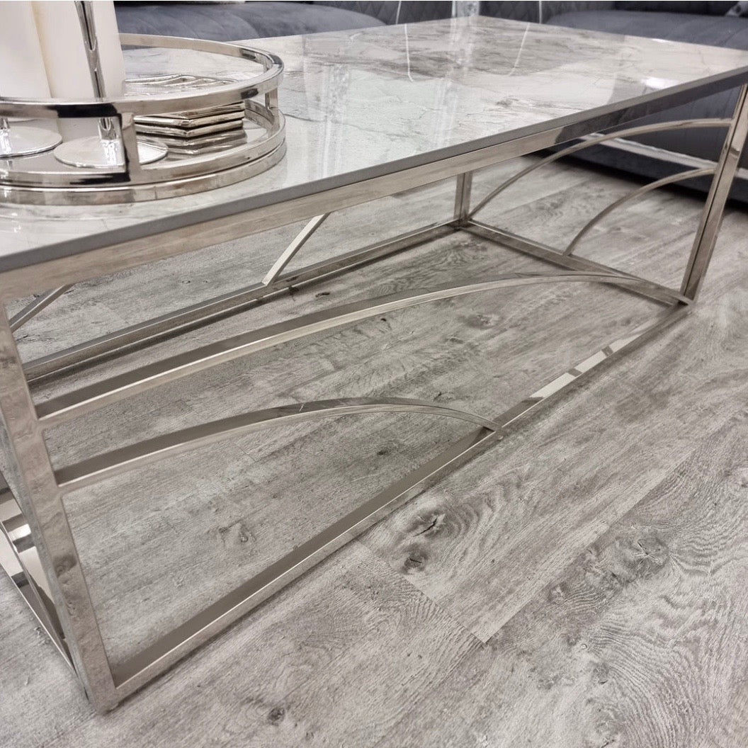 Stella Chrome Coffee Table with Stomach Ash Grey Sintered Top - The Outlet Home