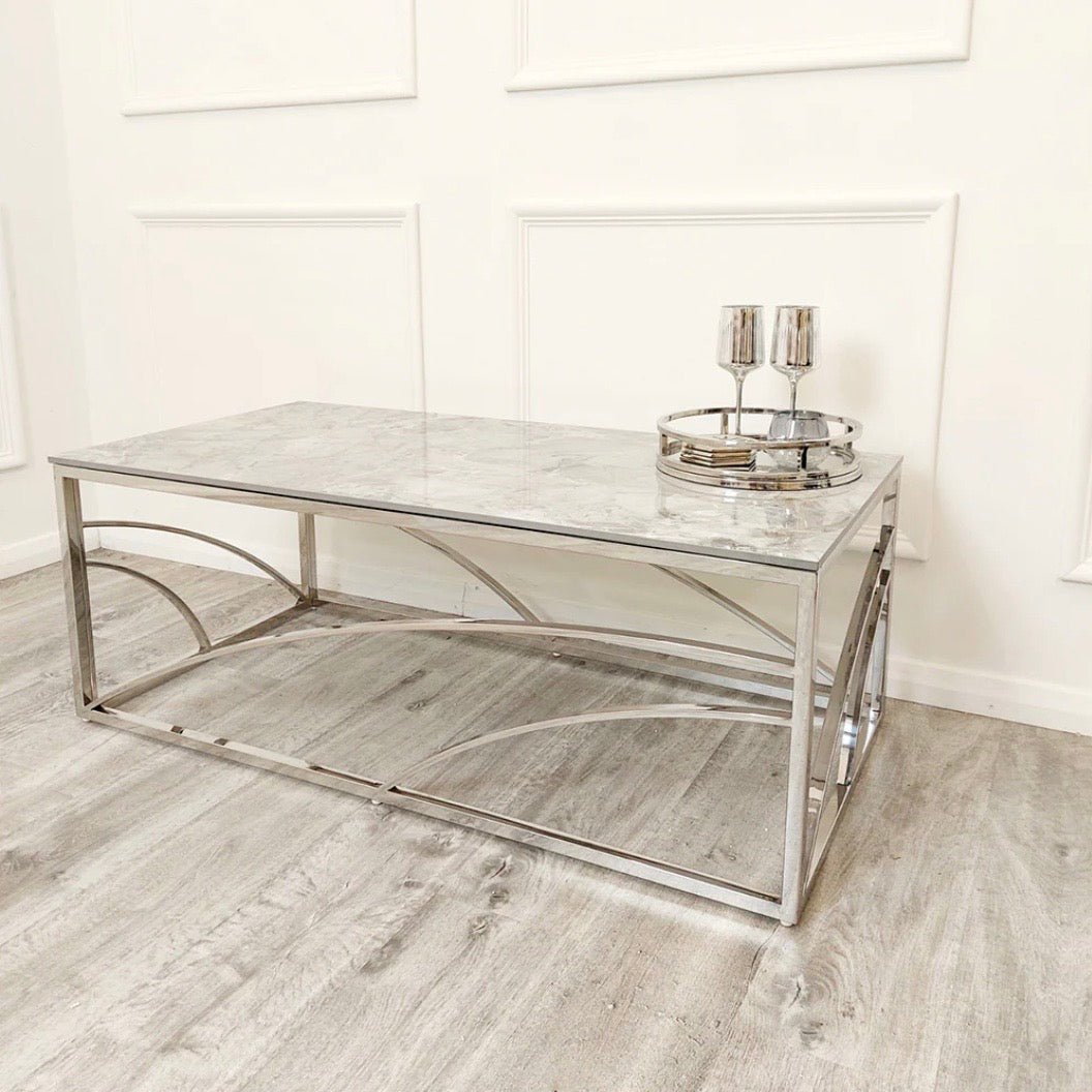 Stella Chrome Coffee Table with Stomach Ash Grey Sintered Top - The Outlet Home