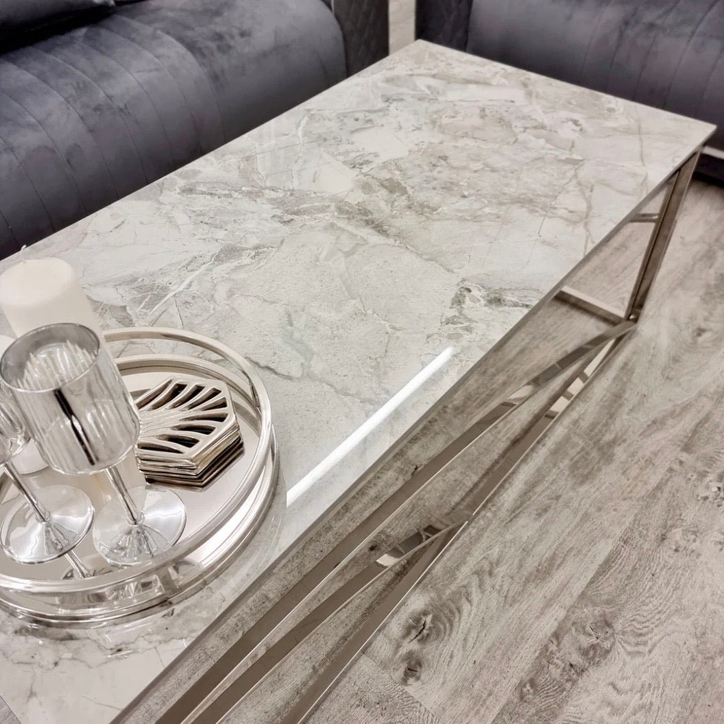 Stella Chrome Coffee Table with Stomach Ash Grey Sintered Top - The Outlet Home