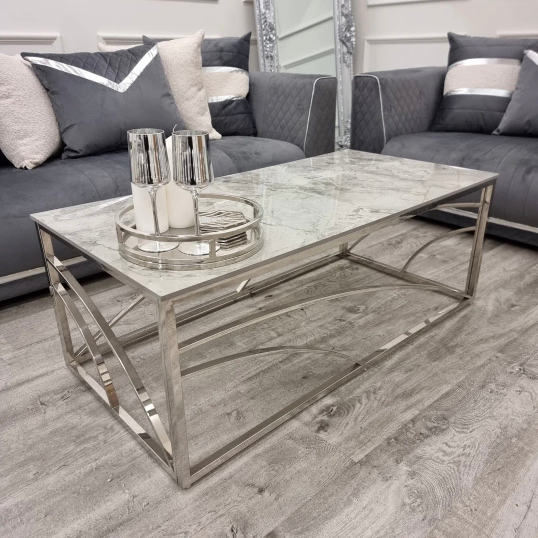 Stella Chrome Coffee Table with Stomach Ash Grey Sintered Top - The Outlet Home
