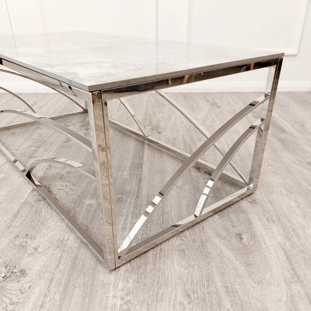 Stella Chrome Coffee Table with Stomach Ash Grey Sintered Top - The Outlet Home